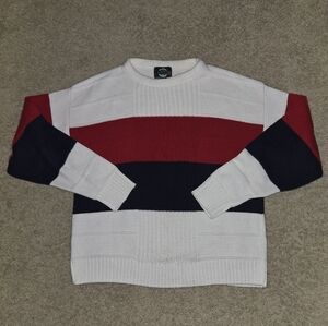 Vintage Jantzen Men's Cabel Knit Sweater in White, Red, and Blue Size L made USA